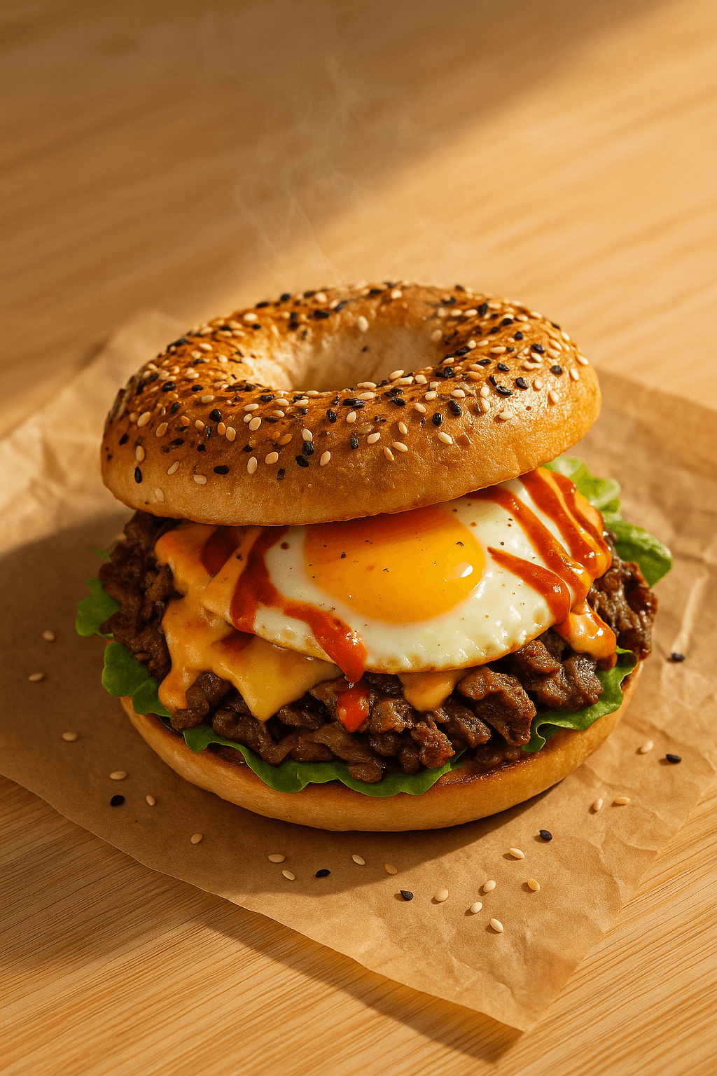 Korean bulgogi bagel sandwich with fried egg, melted cheese, and gochujang mayo